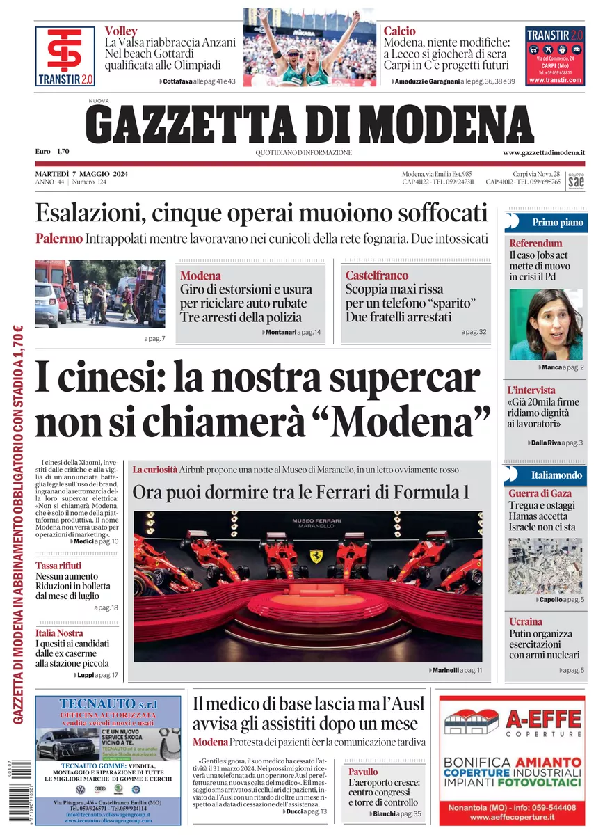 Prima-pagina-gazzetta di modena-oggi-edizione-del-2024-05-07